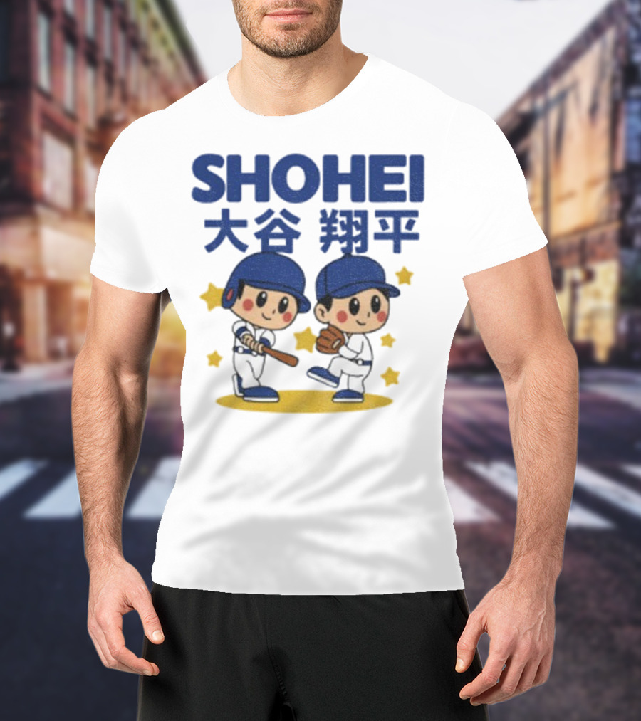 Shohei Ohtani Cartoon Baseball MLB Anime Style Kanji Stars T-Shirt