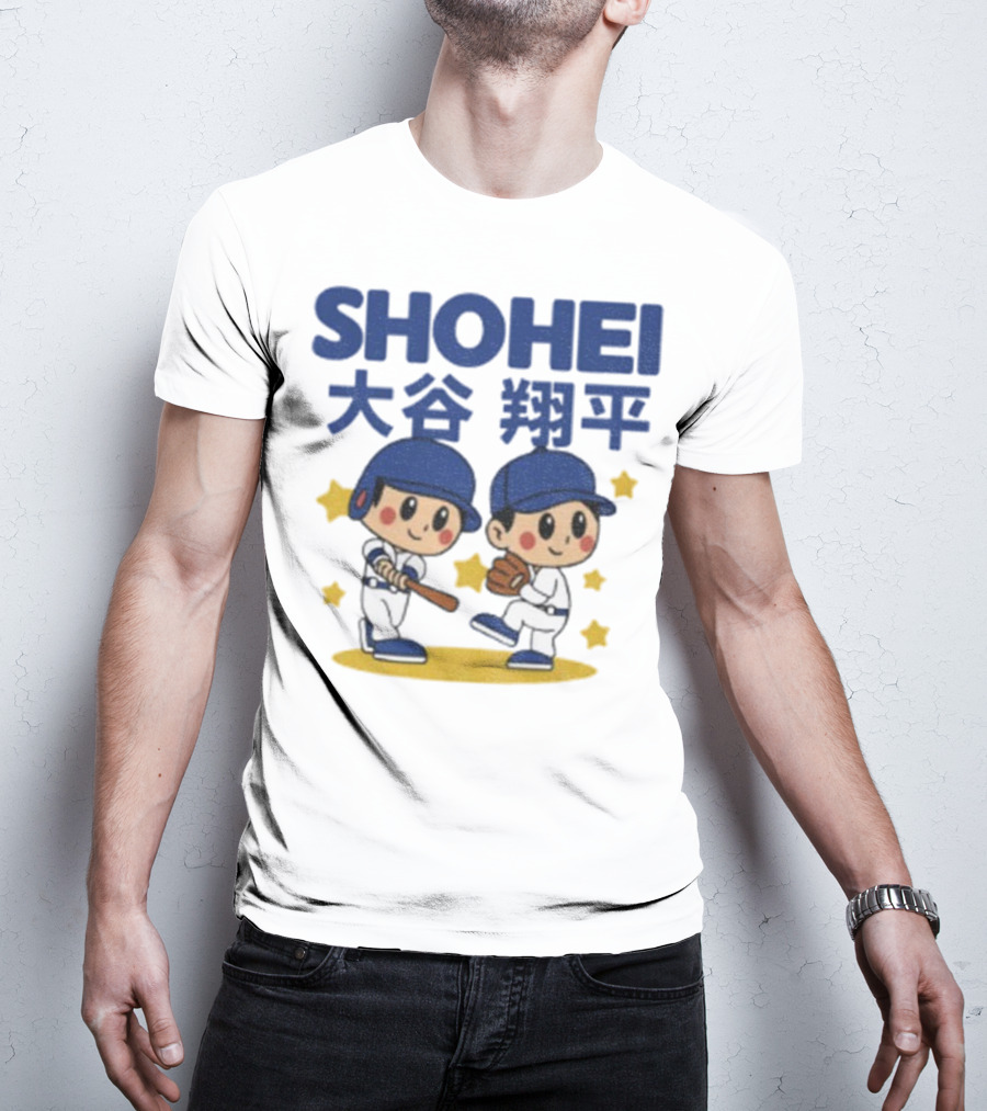 Shohei Ohtani Cartoon Baseball MLB Anime Style Kanji Stars T-Shirt