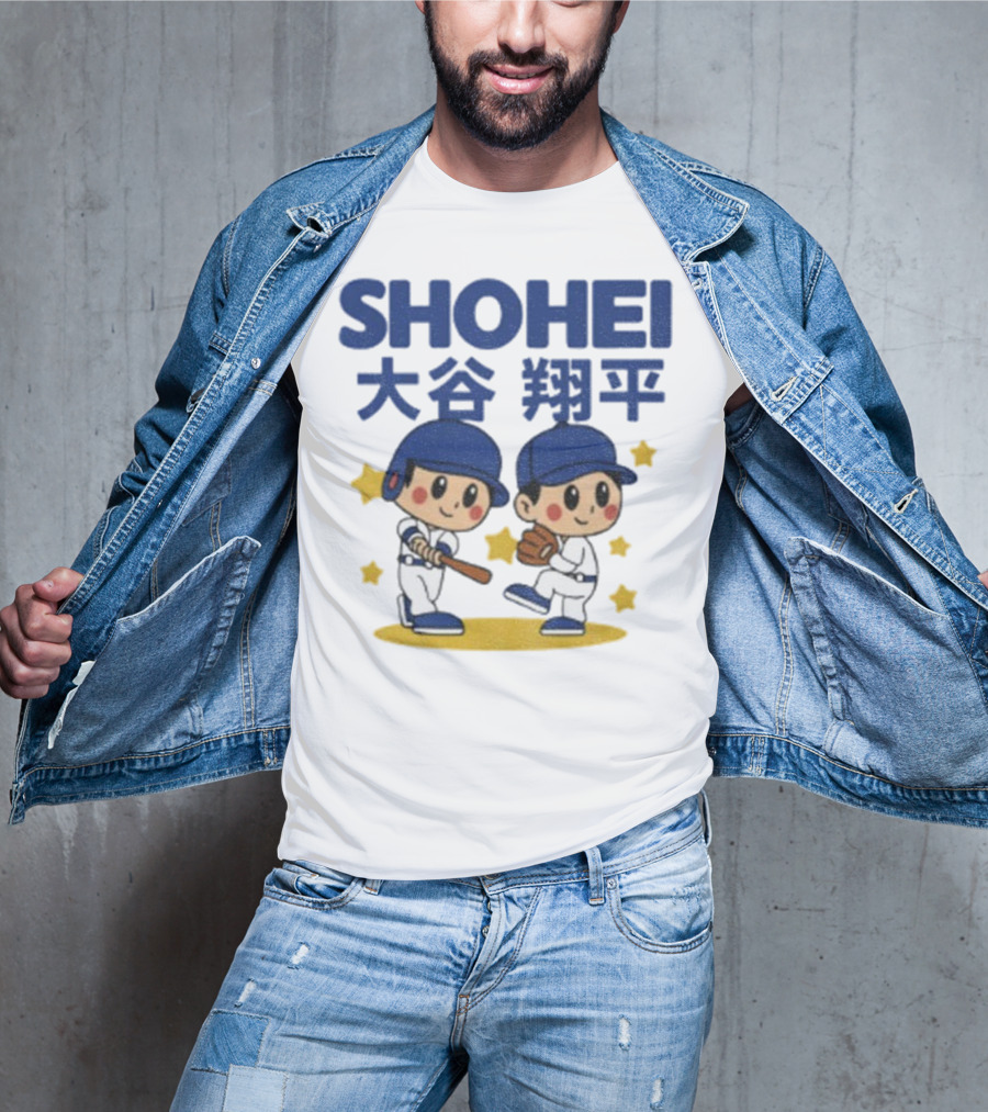 Shohei Ohtani Cartoon Baseball MLB Anime Style Kanji Stars T-Shirt