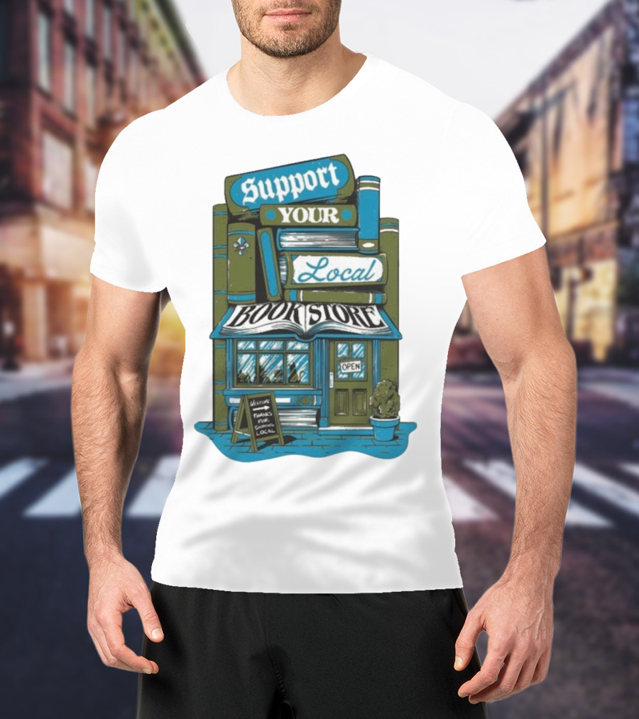 Support Your Local Bookstore Open Vintage Bookshelf Design T-Shirt