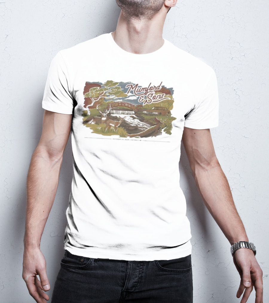 Mumford & Sons Little Caesars Arena Detroit MI October 20 2025 Deers Bridge And Stream Scene T-Shirt