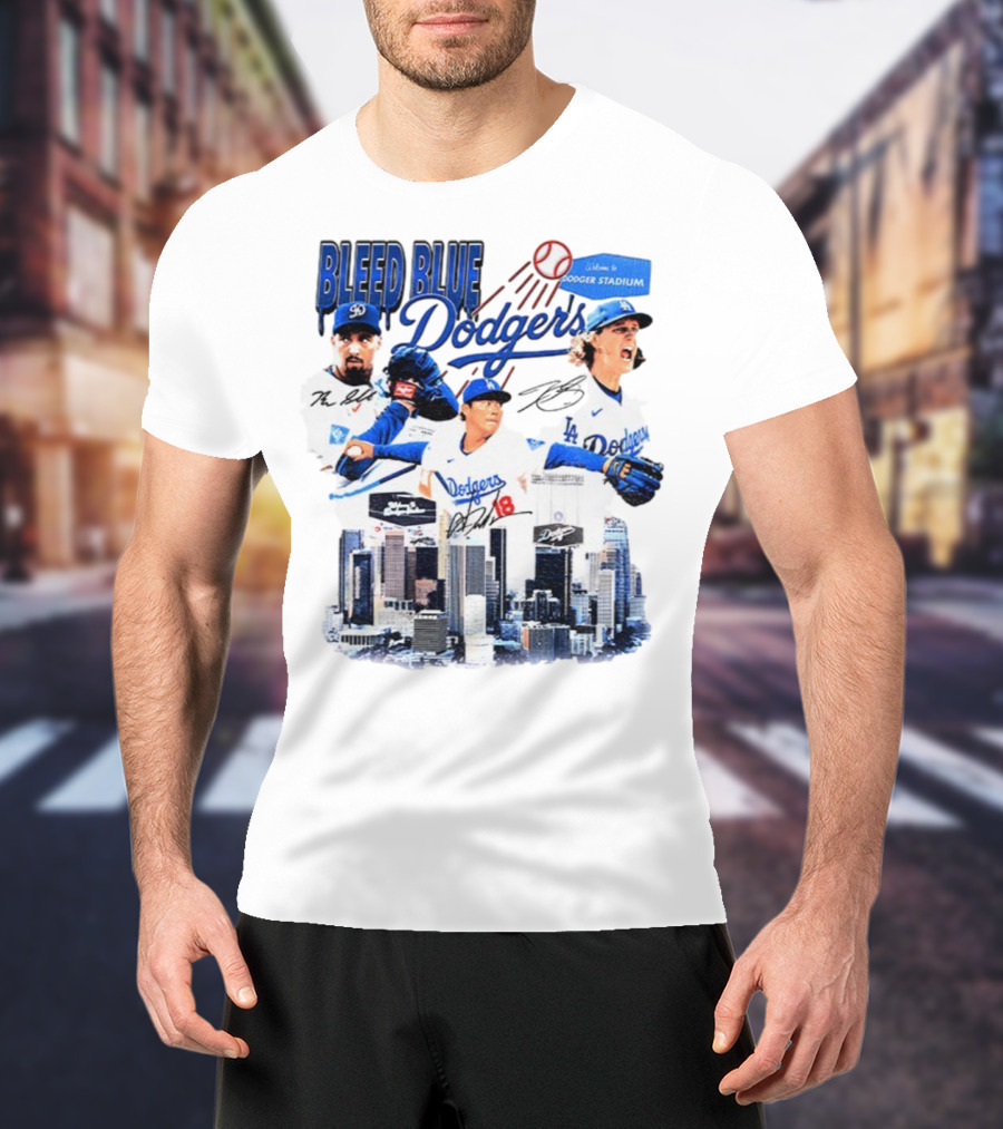 Bleed Blue Dodgers Shohei Ohtani Mookie Betts Yoshinobu Yamamoto Los Angeles Signatures Dodger Stadium T-Shirt