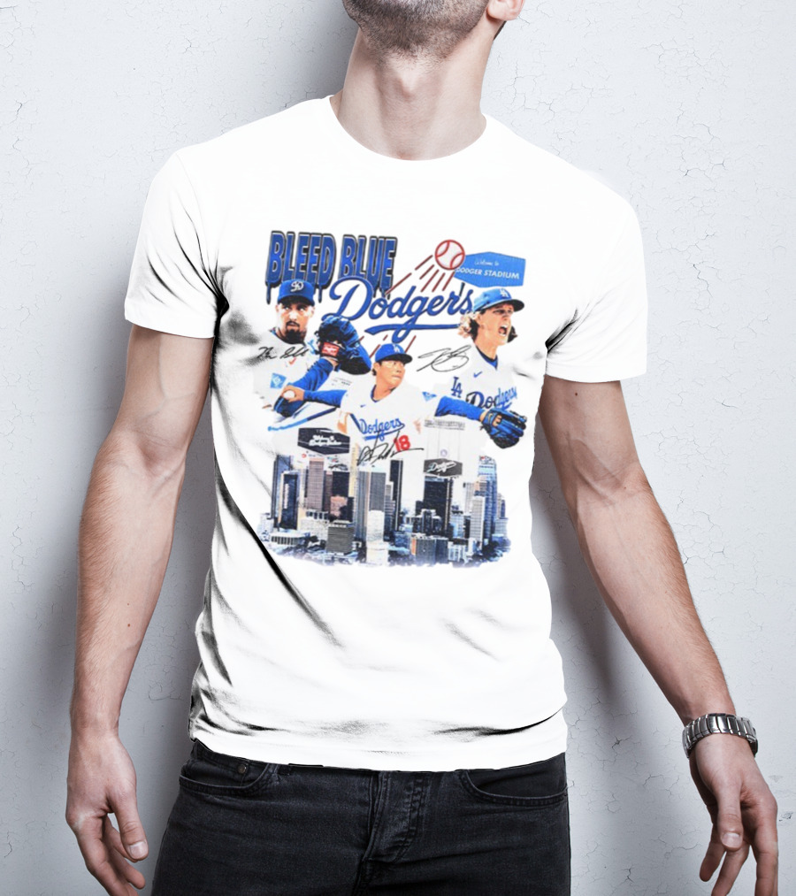 Bleed Blue Dodgers Shohei Ohtani Mookie Betts Yoshinobu Yamamoto Los Angeles Signatures Dodger Stadium T-Shirt