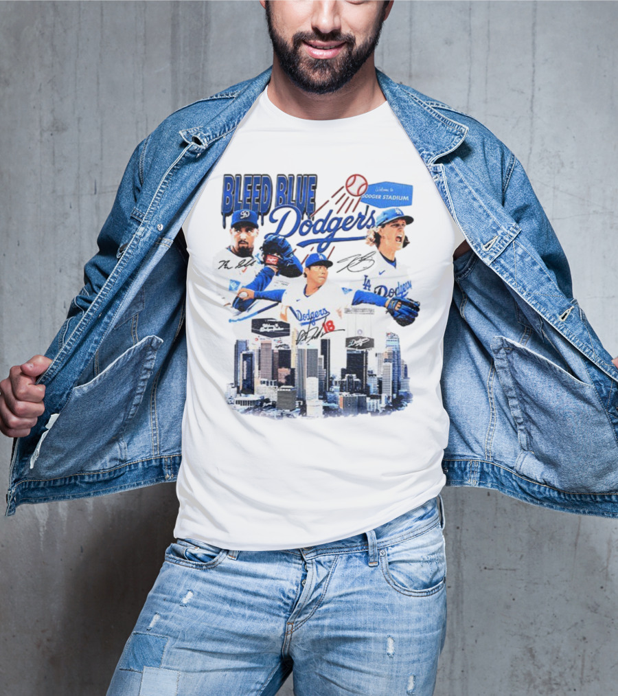 Bleed Blue Dodgers Shohei Ohtani Mookie Betts Yoshinobu Yamamoto Los Angeles Signatures Dodger Stadium T-Shirt
