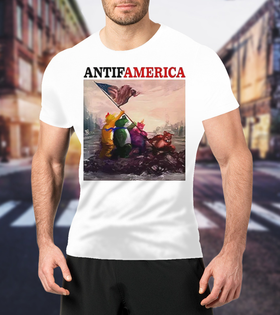 Antifamerica Portland Frog Parody Of Iconic Historical Scene With Bold Characters And Flag T-Shirt