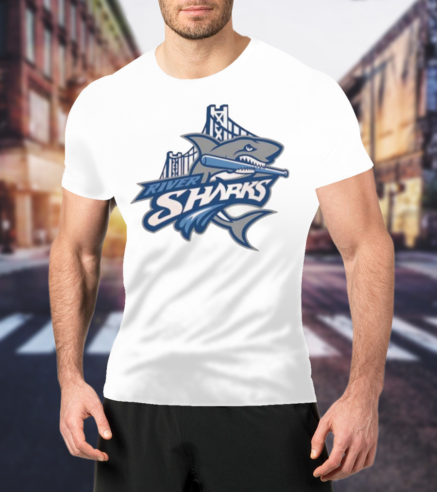 Camden Riversharks Baseball Team River Sharks Text With Shark And Bridge Imagery T-Shirt