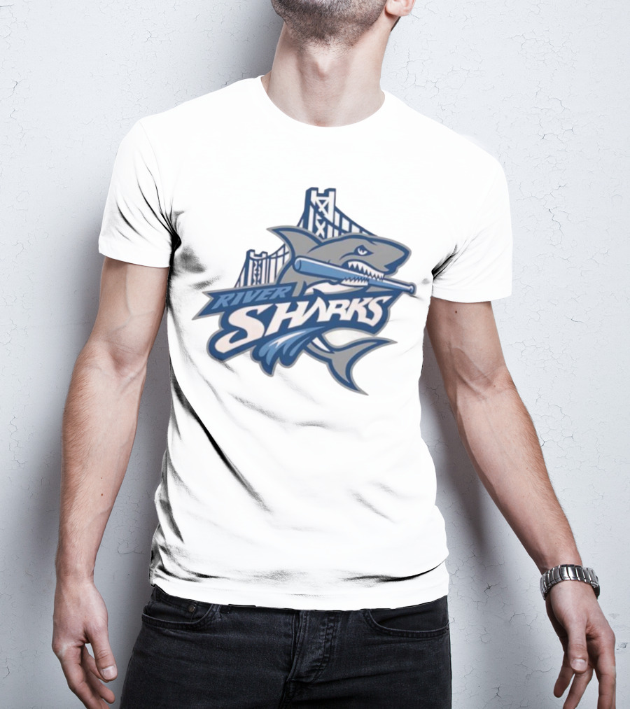 Camden Riversharks Baseball Team River Sharks Text With Shark And Bridge Imagery T-Shirt