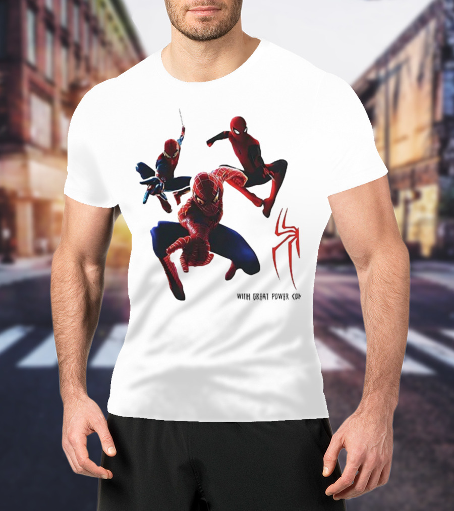 Spider Man Daily Bugle With Great Power Comes Great Responsibility Spider Logo Trio Suit Styles T-Shirt