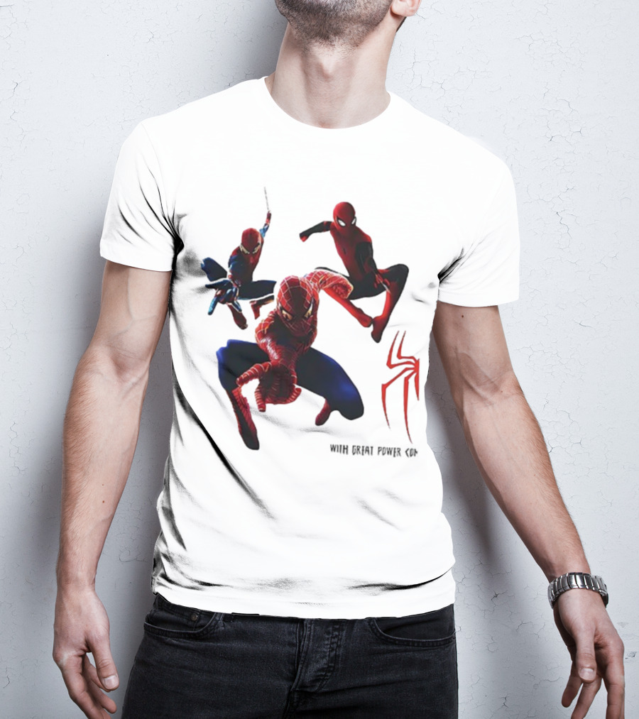 Spider Man Daily Bugle With Great Power Comes Great Responsibility Spider Logo Trio Suit Styles T-Shirt