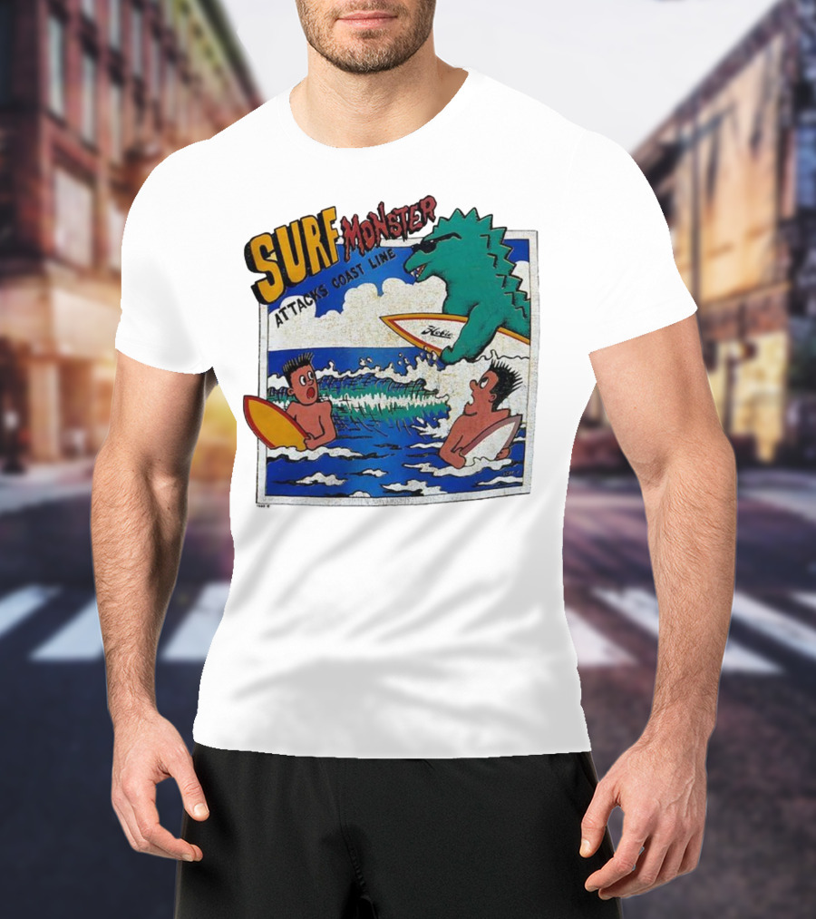Surf Monster Attacks Coast Line Retro Comic Style Surfing Scene T-Shirt