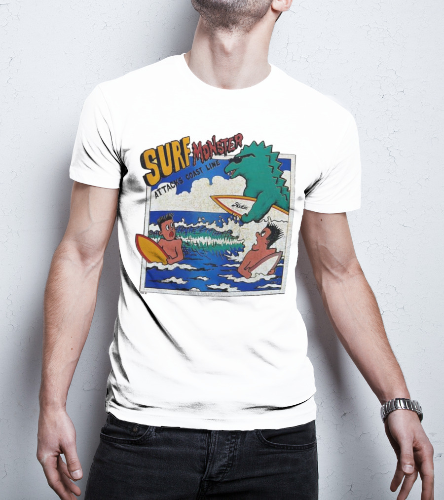 Surf Monster Attacks Coast Line Retro Comic Style Surfing Scene T-Shirt