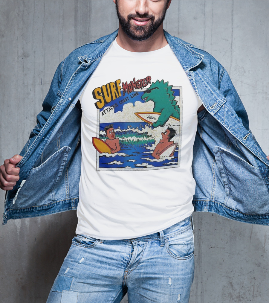 Surf Monster Attacks Coast Line Retro Comic Style Surfing Scene T-Shirt
