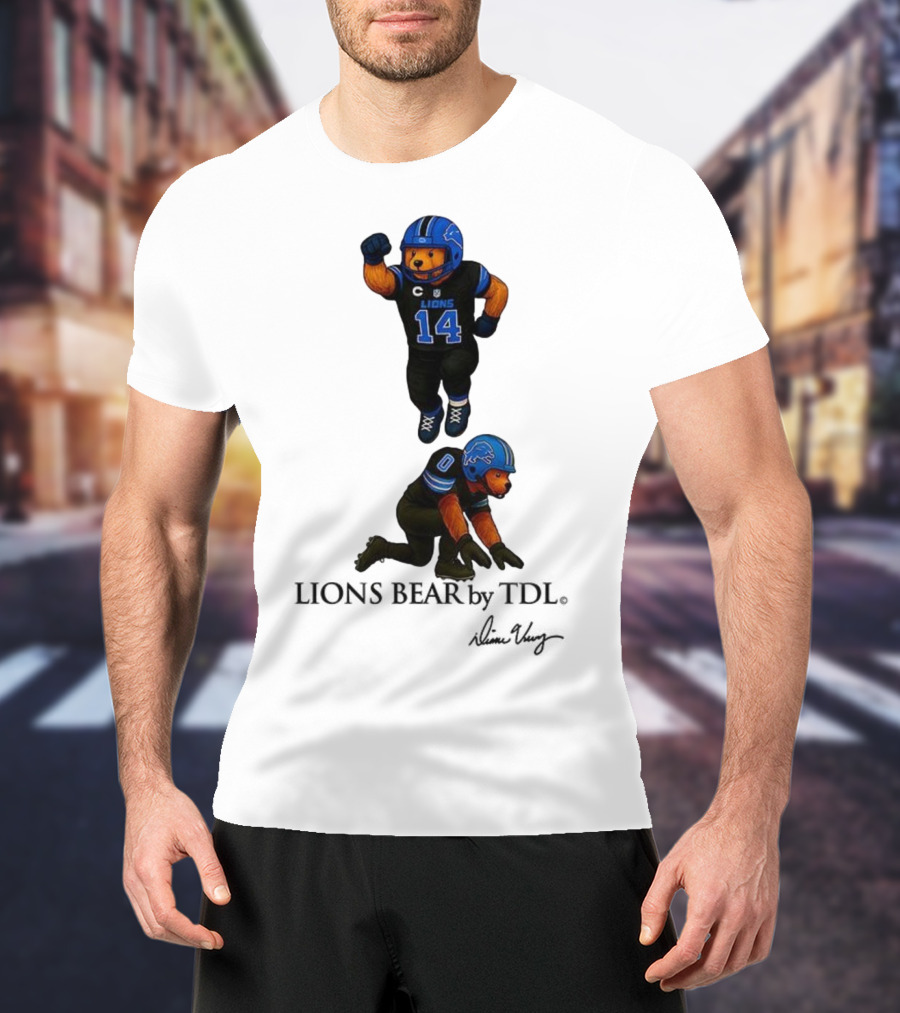 Amon-Ra St. Brown 14 Jahmyr Gibbs 0 Detroit Lions Bear Celebrating Football T-Shirt