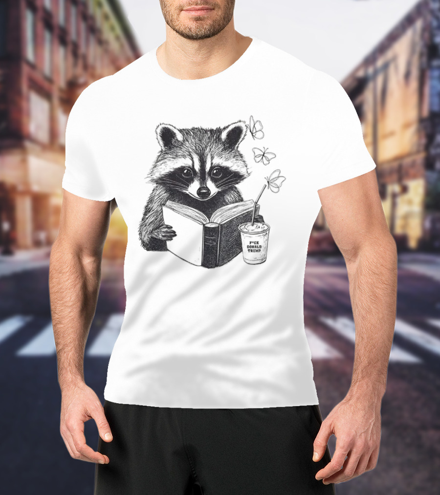 Raccoon Reading Book Coffee Cup Cozy Subtle Anti-Trump T-Shirt