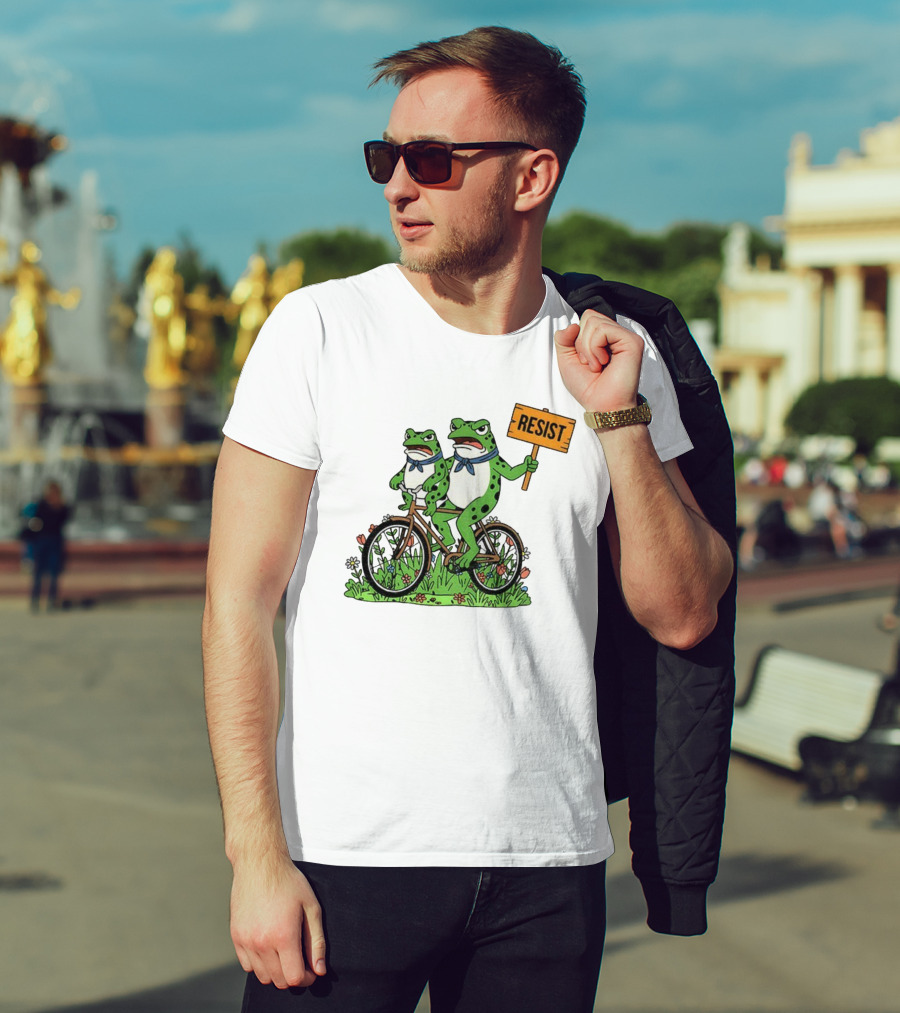 Frog On Bike Resist Protest Sign Portland Garden Scene T-Shirt
