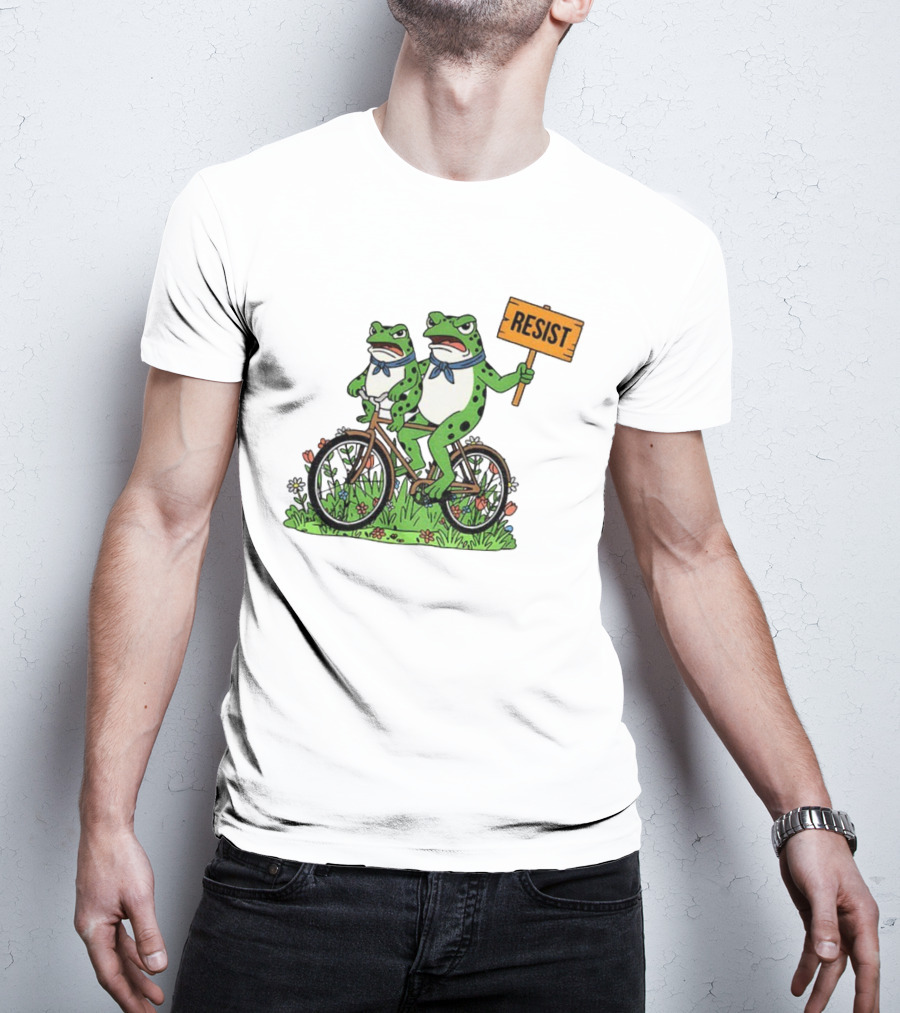 Frog On Bike Resist Protest Sign Portland Garden Scene T-Shirt