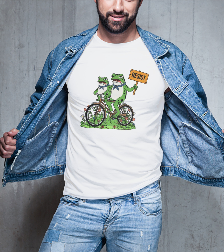 Frog On Bike Resist Protest Sign Portland Garden Scene T-Shirt