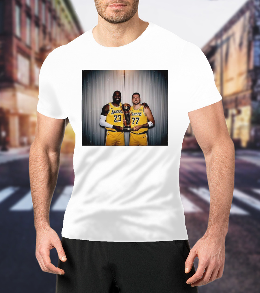Los Angeles Lakers LeBron James Luka Dončić Holding Trophy June 2026 T-Shirt