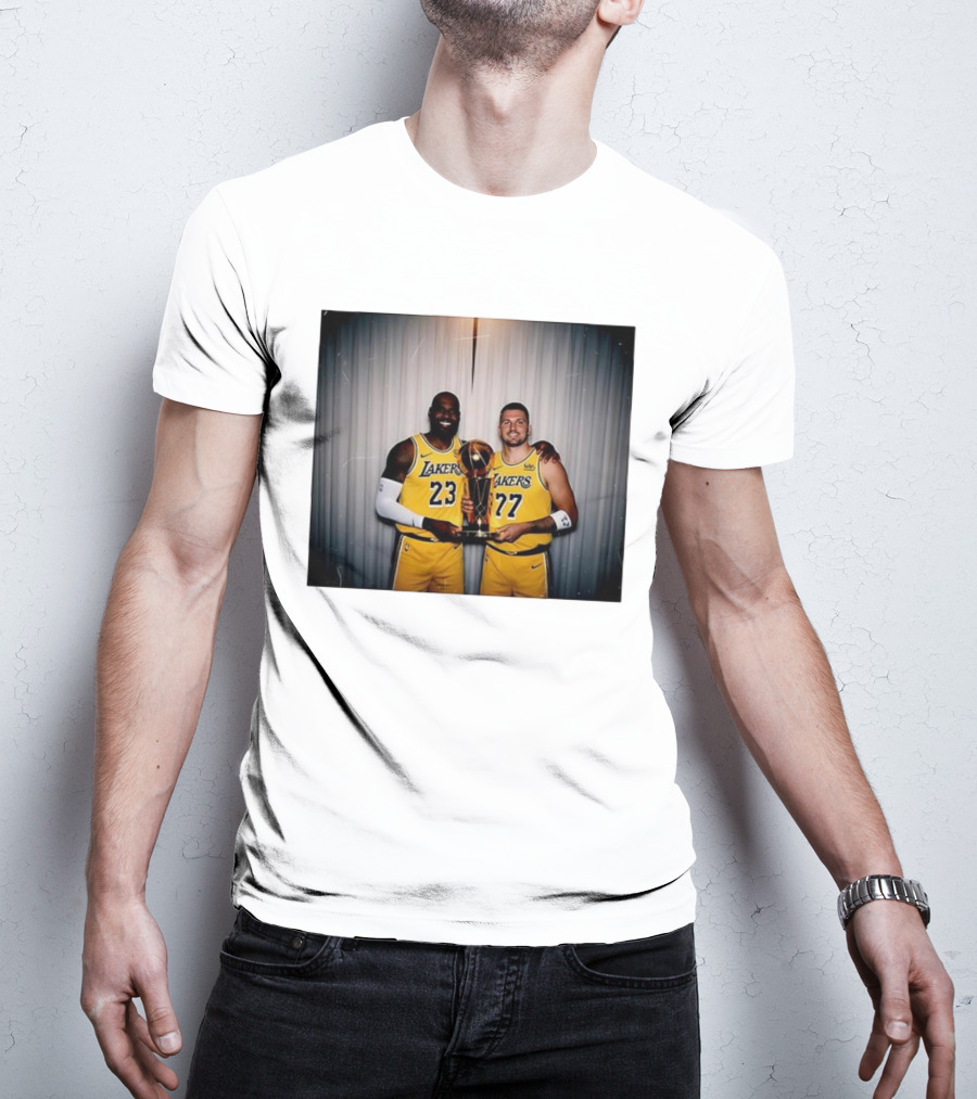Los Angeles Lakers LeBron James Luka Dončić Holding Trophy June 2026 T-Shirt