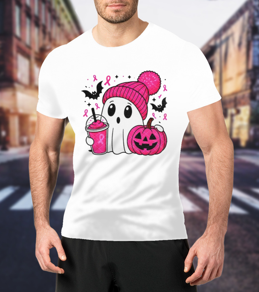 Spooky Ghost Pink Pumpkin Breast Cancer Awareness With Ribbon In October We Wear Pink T-Shirt
