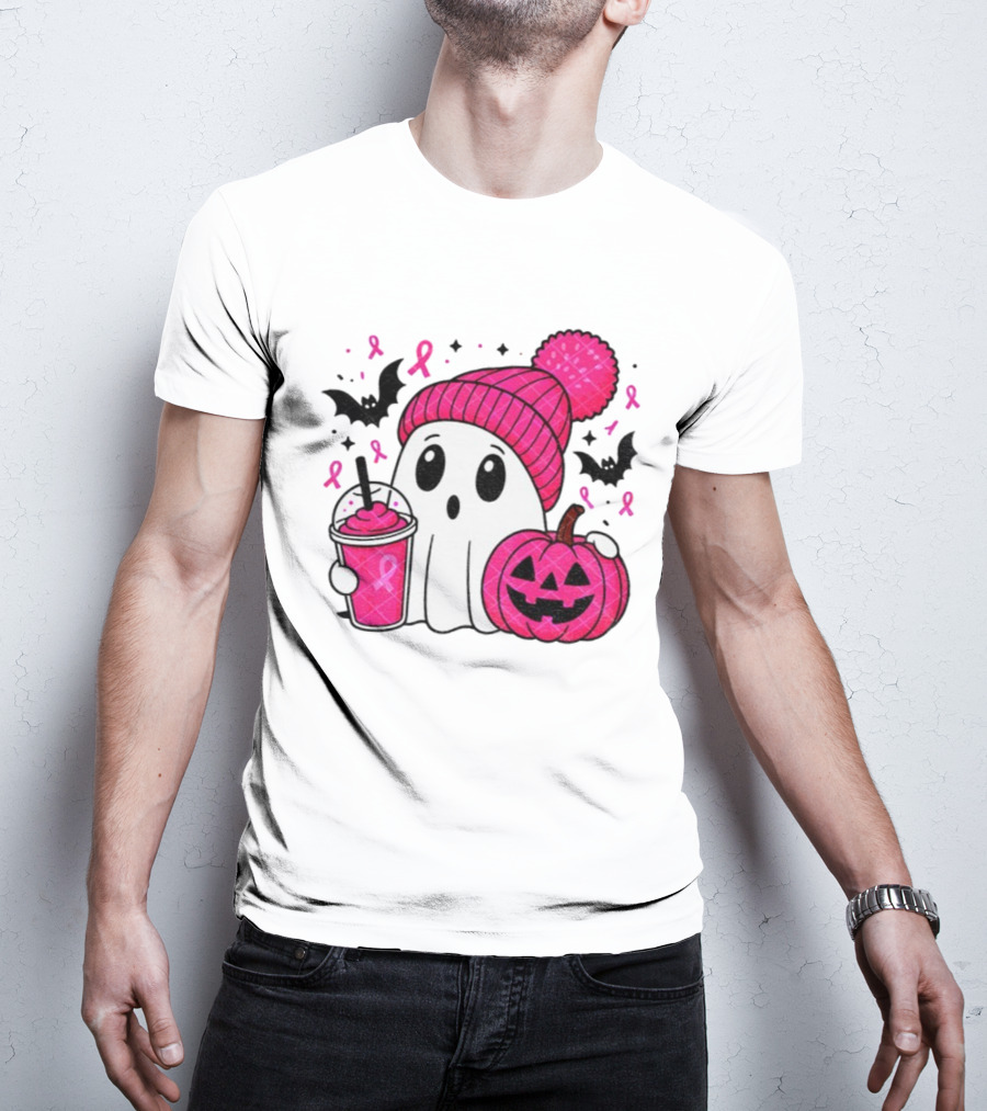 Spooky Ghost Pink Pumpkin Breast Cancer Awareness With Ribbon In October We Wear Pink T-Shirt