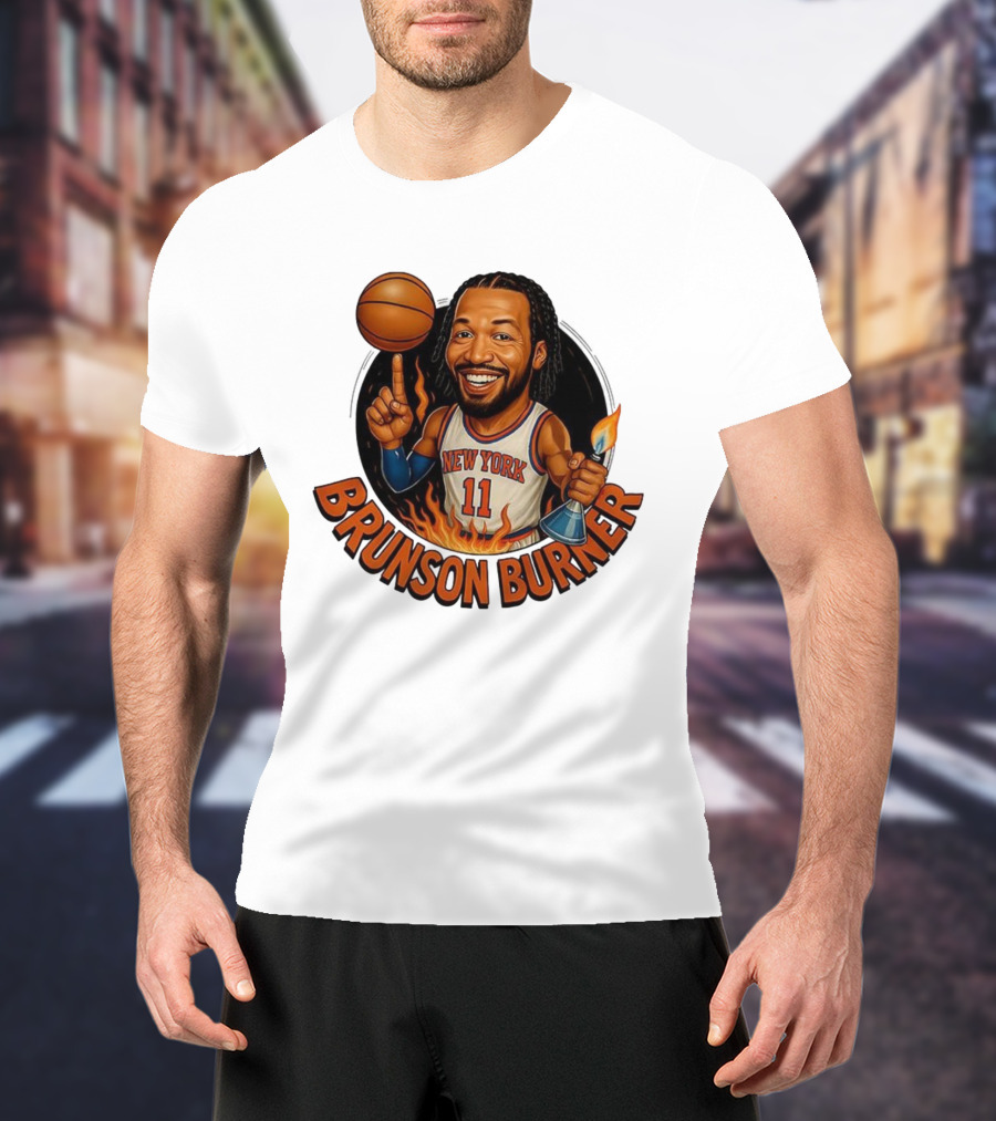 New York Knicks Brunson Burner Cartoon With Basketball And Flames T-Shirt