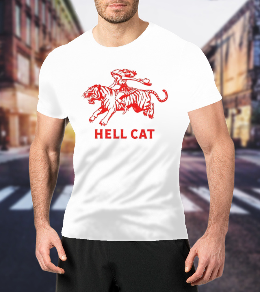 Hell Cat Vintage Cowgirl Riding Tiger Design T-Shirt