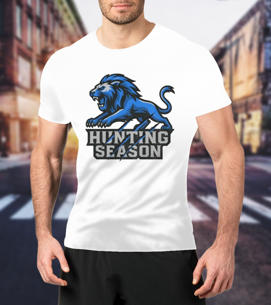 Detroit Lions Hunting Season Roaring Blue Lion NFL Fan Gear T-Shirt