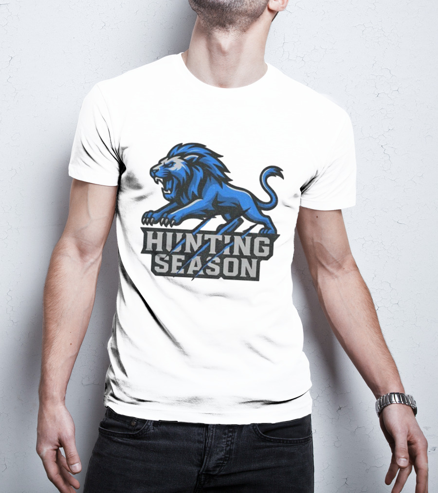 Detroit Lions Hunting Season Roaring Blue Lion NFL Fan Gear T-Shirt