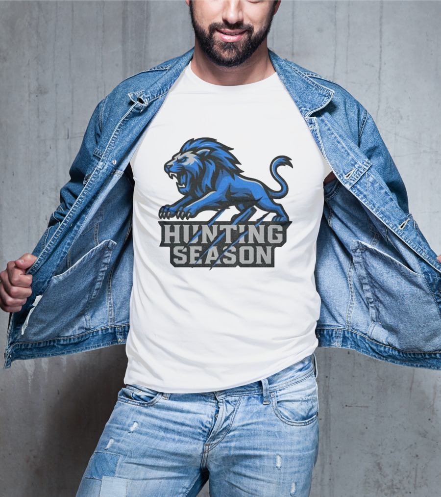 Detroit Lions Hunting Season Roaring Blue Lion NFL Fan Gear T-Shirt