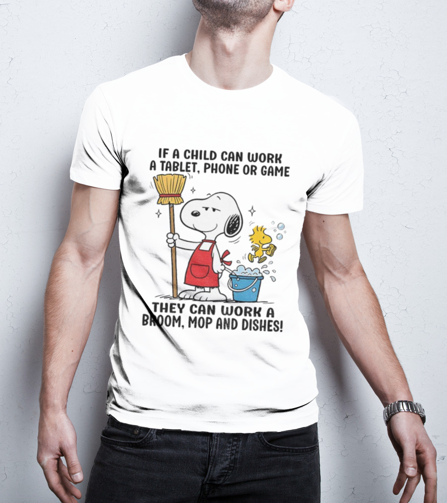 Snoopy And Woodstock Child Can Work Tablet Phone Or Game Broom Mop Dishes T-Shirt