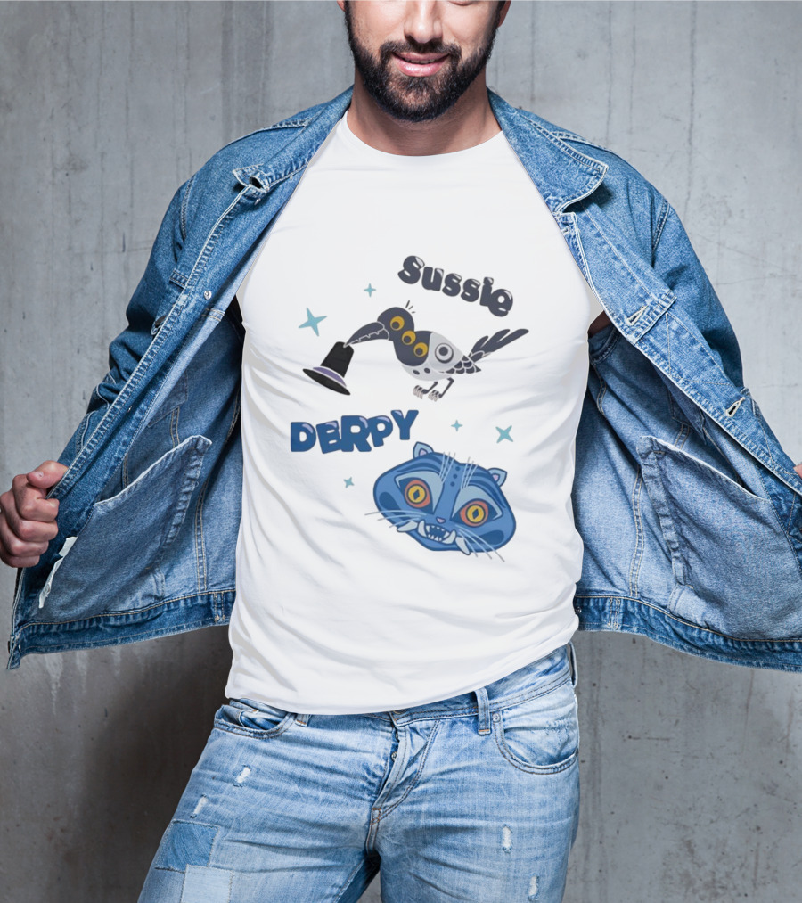 Sussie Derpy Cartoon Bird And Tiger Characters With Stars KPop Demon Hunters T-Shirt