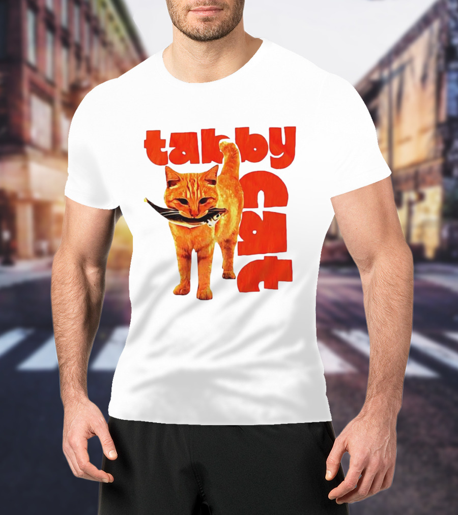 Tabby Cat Holding Fish Meme Retro Font T-Shirt