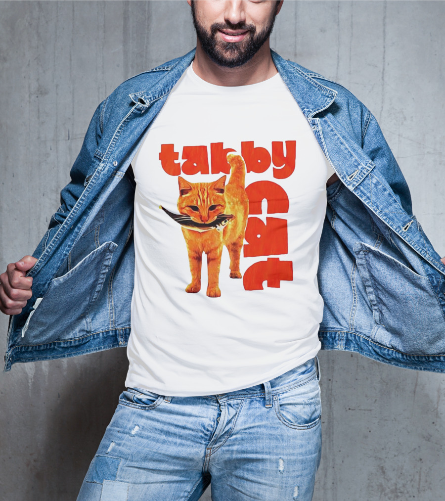 Tabby Cat Holding Fish Meme Retro Font T-Shirt