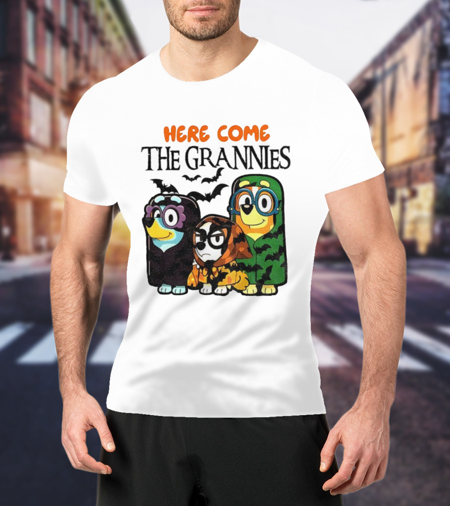 Here Come The Grannies Halloween Blue Dog Characters In Costumes T-Shirt