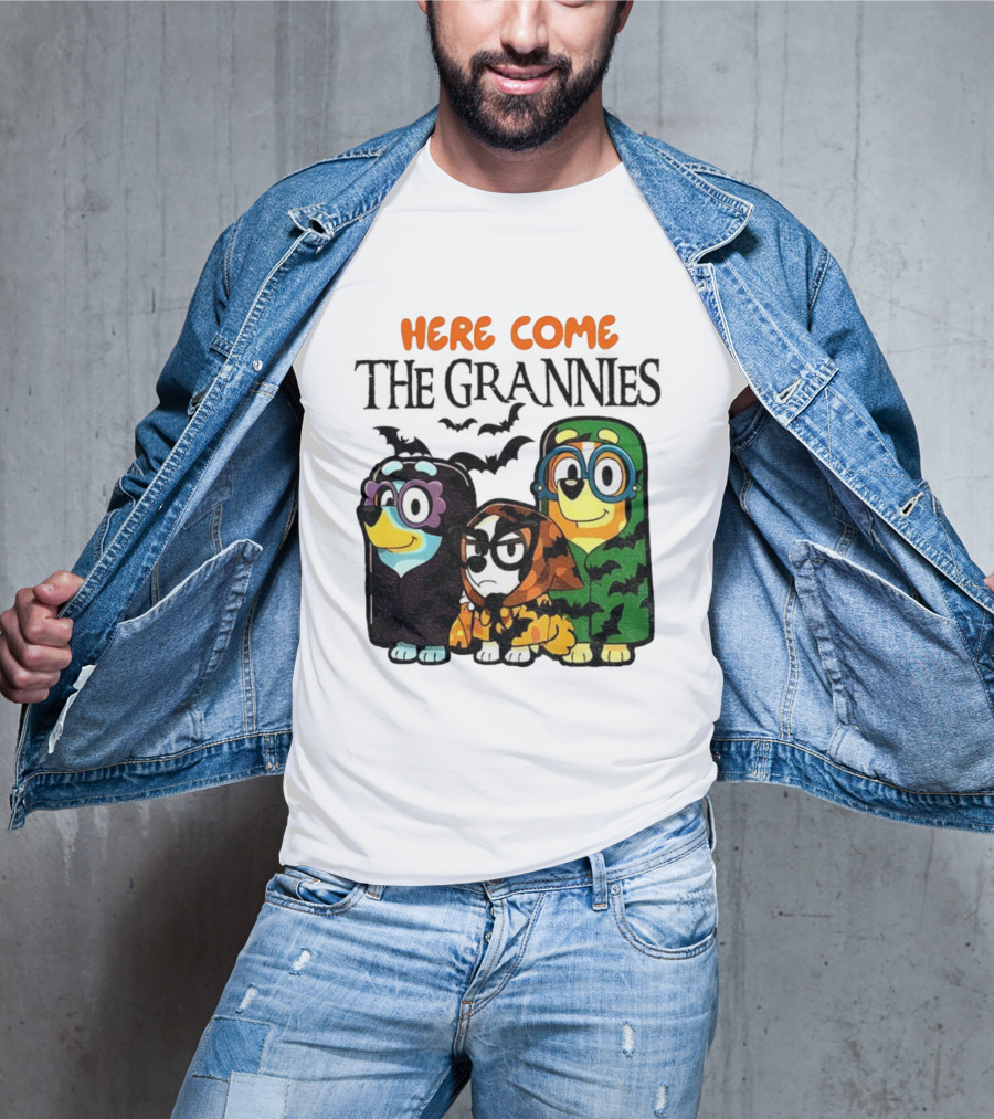 Here Come The Grannies Halloween Blue Dog Characters In Costumes T-Shirt