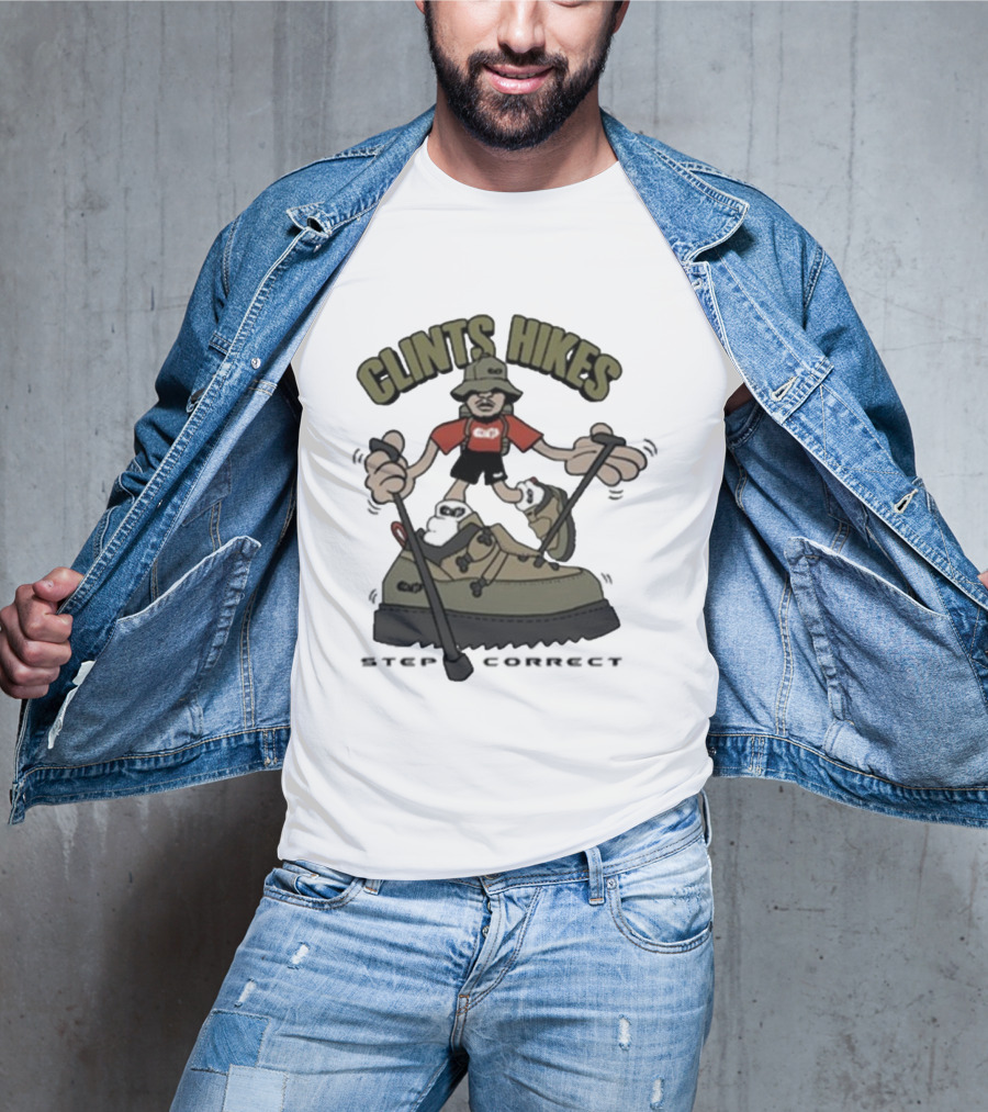 CLINTS HIKES Cartoon Hiker With Walking Sticks And Boots T-Shirt