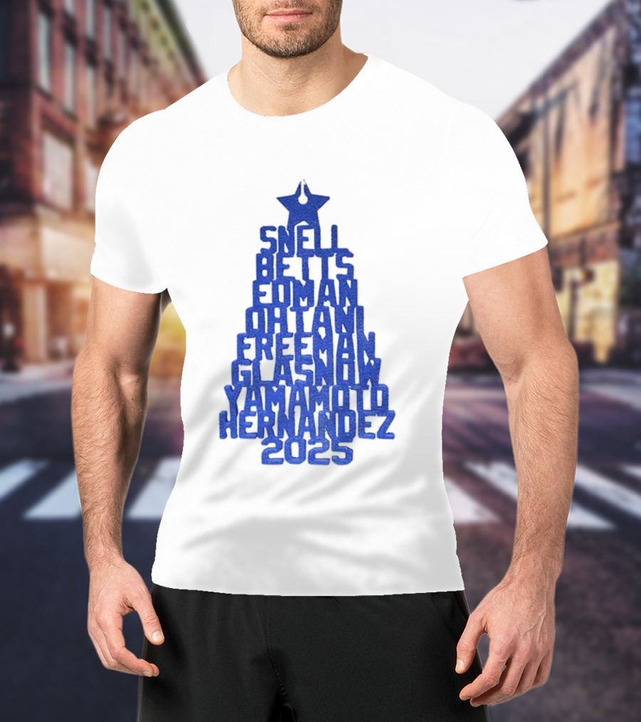 Los Angeles Dodgers Snell Betts Freeman Ohtani Freeman Glasnow Yamamoto Hernandez Christmas Tree 2025 T-Shirt