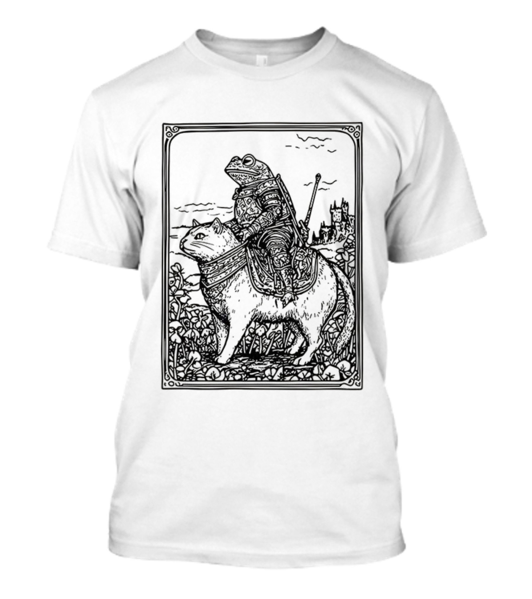 Medieval Frog Knight Riding A Cat In Armor Scene T-Shirt