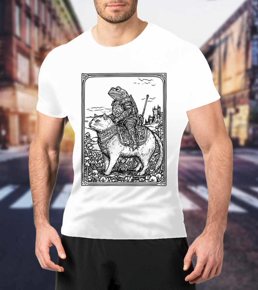 Medieval Frog Knight Riding A Cat In Armor Scene T-Shirt