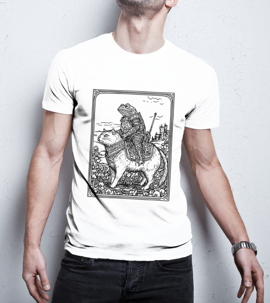 Medieval Frog Knight Riding A Cat In Armor Scene T-Shirt