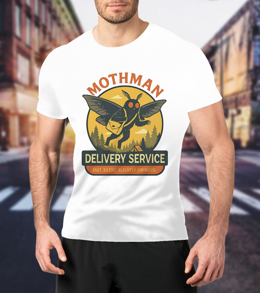 Mothman Delivery Service Fast Silent Slightly Ominous Retro Forest Imagery T-Shirt