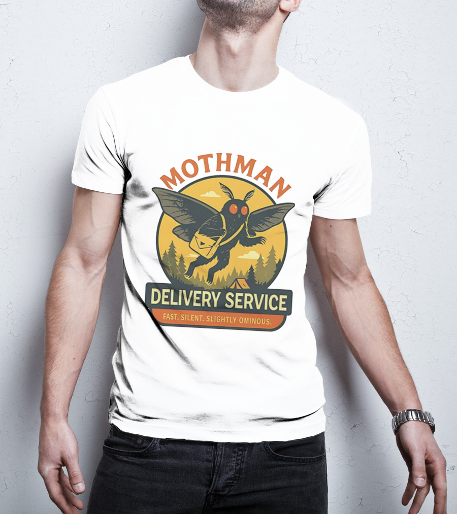 Mothman Delivery Service Fast Silent Slightly Ominous Retro Forest Imagery T-Shirt