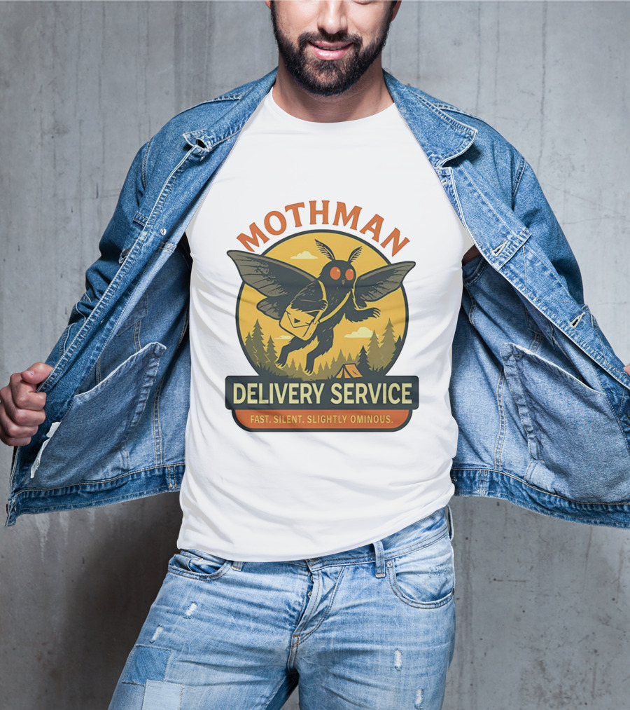 Mothman Delivery Service Fast Silent Slightly Ominous Retro Forest Imagery T-Shirt
