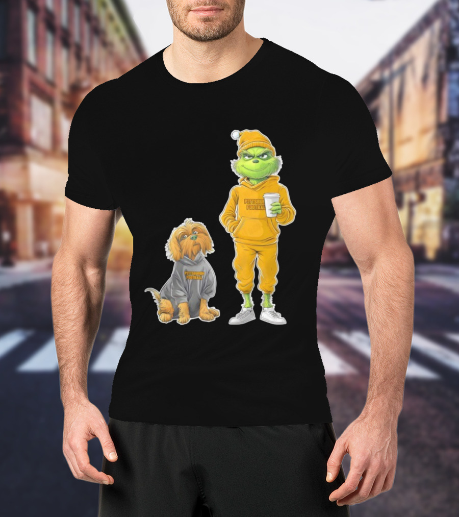 Pittsburgh Football Green Monster Grinch And Dog Christmas T-Shirt