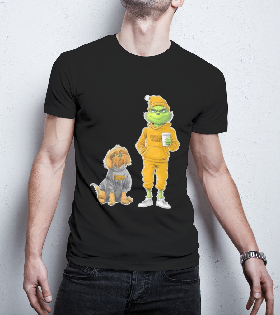 Pittsburgh Football Green Monster Grinch And Dog Christmas T-Shirt