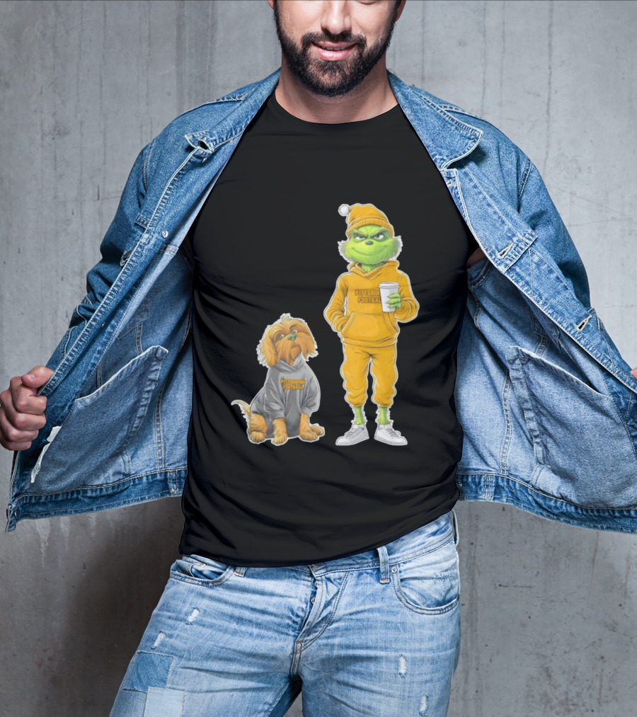 Pittsburgh Football Green Monster Grinch And Dog Christmas T-Shirt