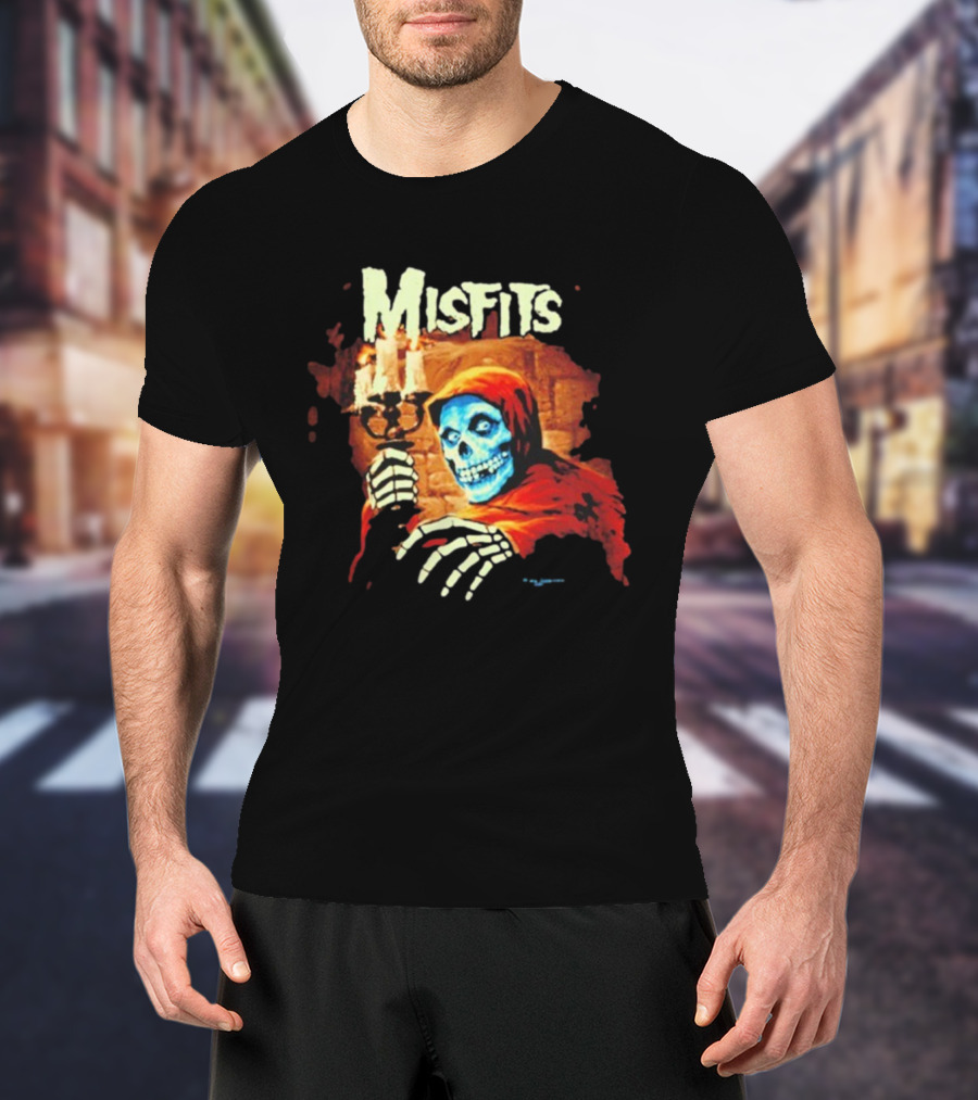 Misfits Candle Holding Skeleton In Red Hood T-Shirt