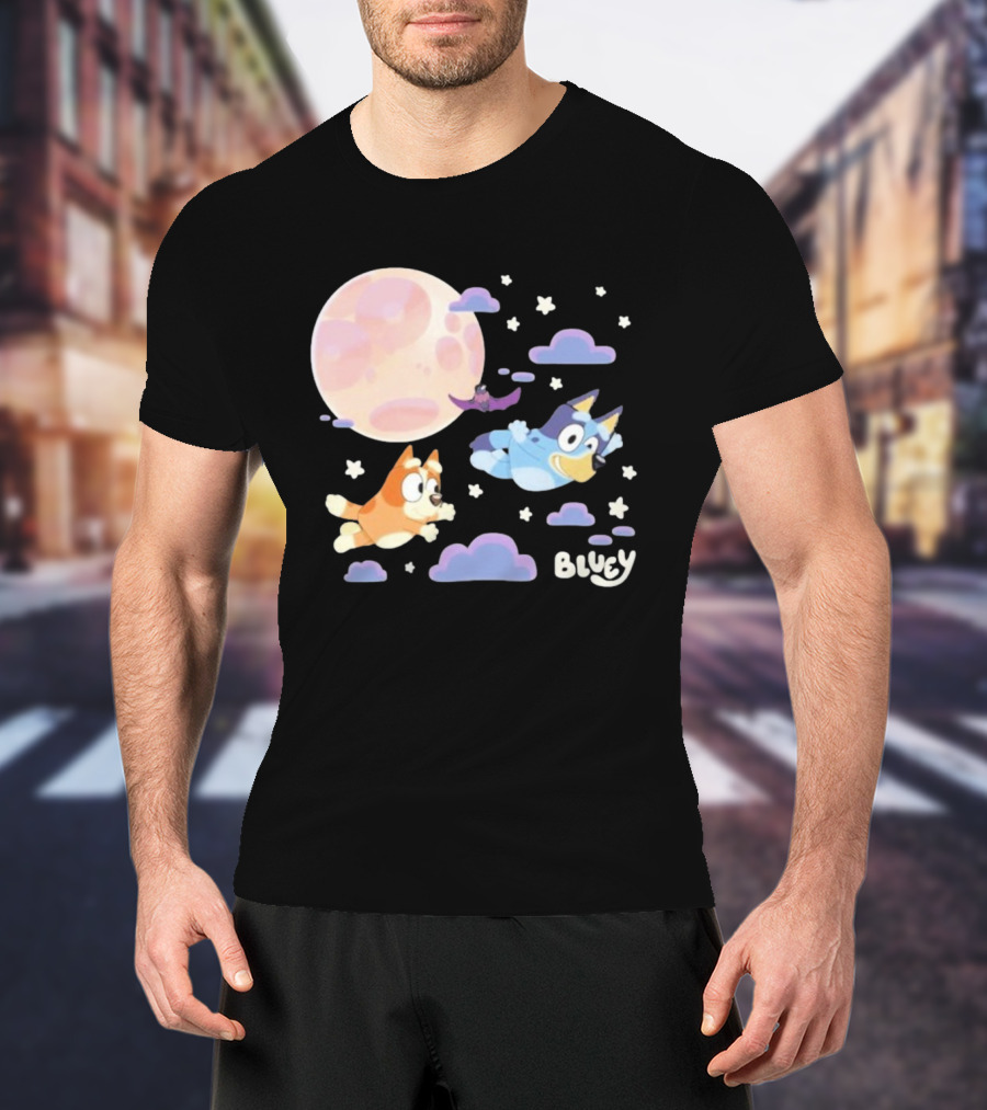 Bluey Sleepy Time Characters Flying With Moon And Stars T-Shirt