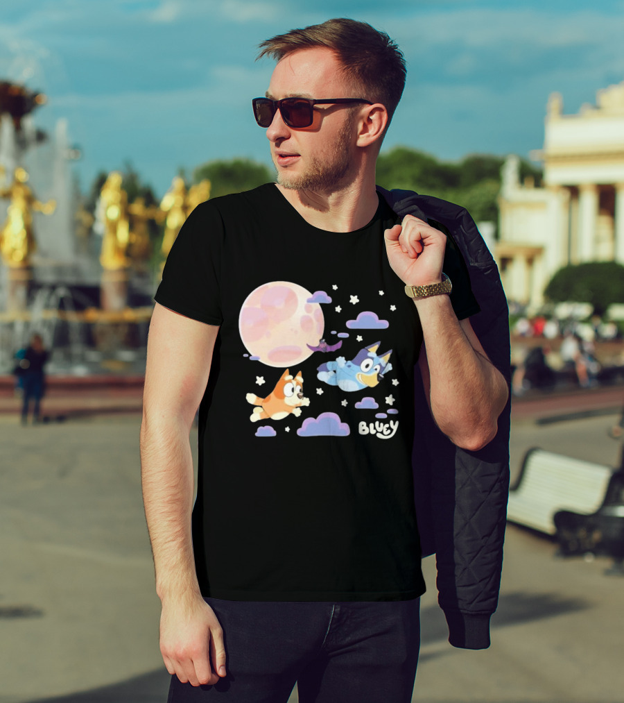 Bluey Sleepy Time Characters Flying With Moon And Stars T-Shirt
